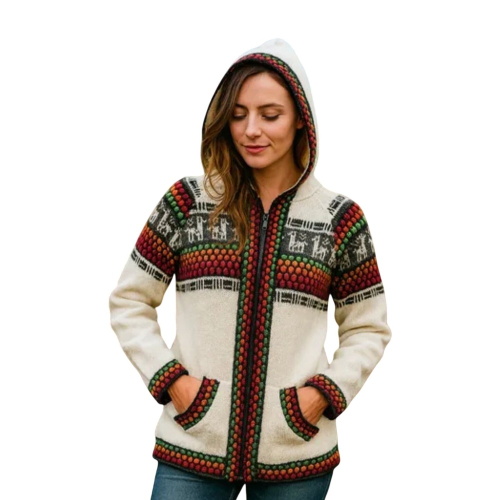 Womens Cream Alpaca Blend Colorful Knit Hooded Cardigan Sweater Llama Pattern‎